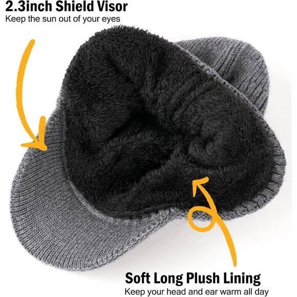 Men & Women Slate Grey Beanie with Brim and Ear Flaps Fleece-Lined Hat
